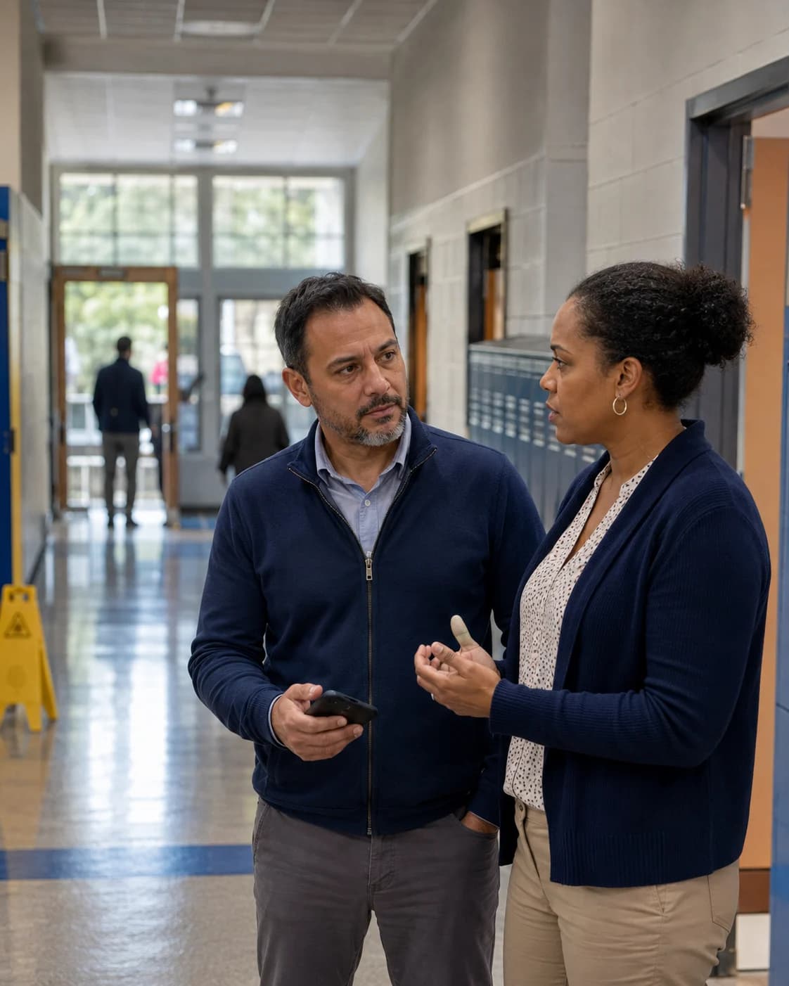 Two school staff members coordinating together in a school hallway.